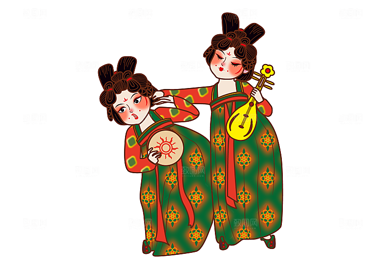 手绘唐朝人物元素插画素材