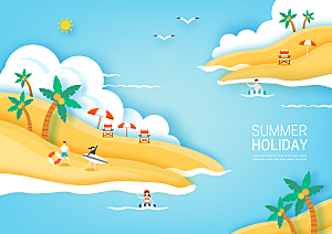 夏季沙滩游泳旅游风景插画海报