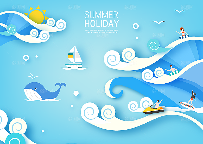 夏季沙滩游泳旅游风景插画海报