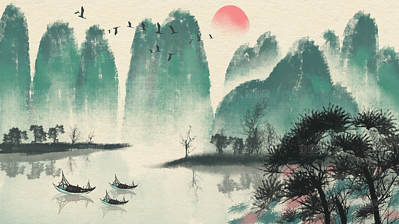 中式山水水墨建筑简约大气背景