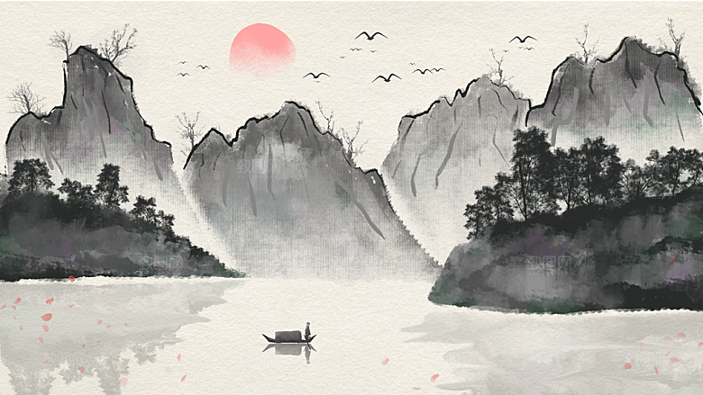 中式山水水墨建筑简约大气背景