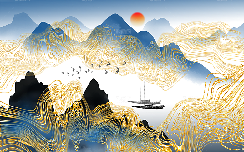 中式山水水墨建筑简约大气背景