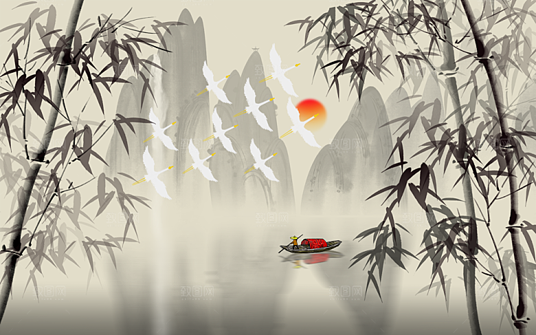 中式山水水墨建筑简约大气背景