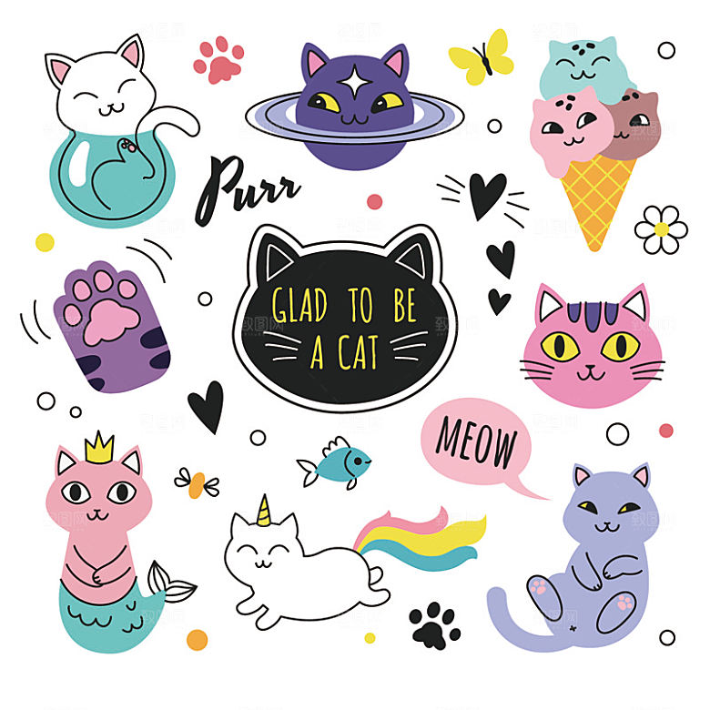 手绘动物猫贴图图案免扣素材