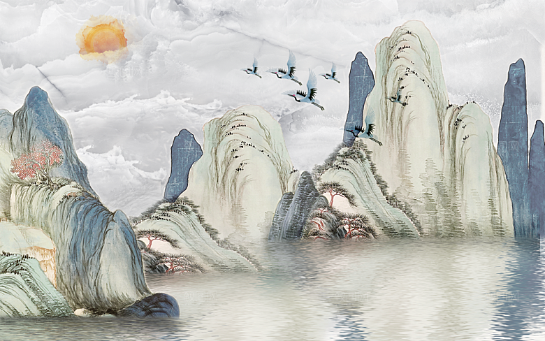 中式山水水墨建筑简约大气背景