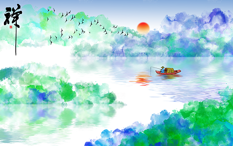 中式山水水墨建筑简约大气背景