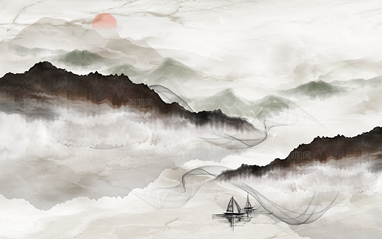 中式山水水墨建筑简约大气背景