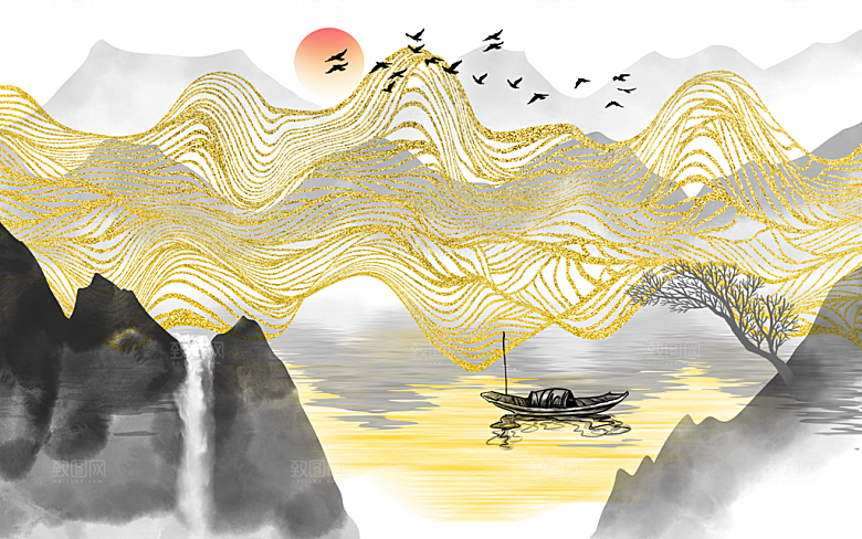中式山水水墨建筑简约大气背景