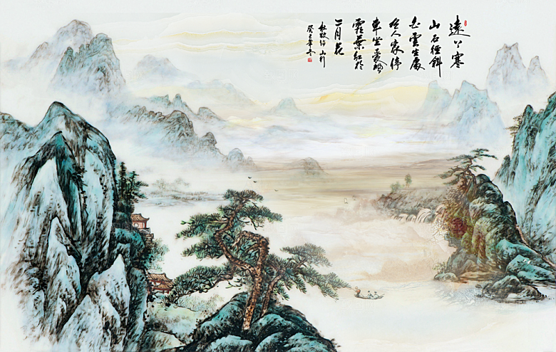 中式山水水墨建筑简约大气背景