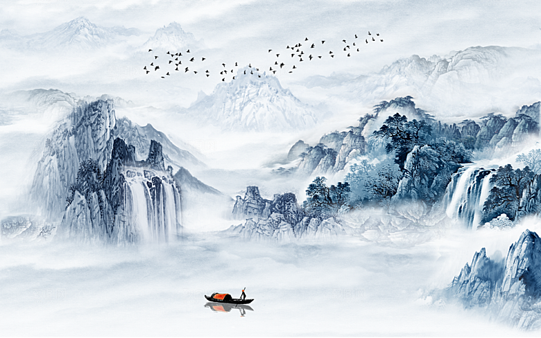 中式山水水墨建筑简约大气背景