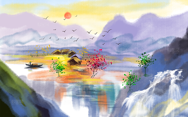 中式山水水墨风景复古背景
