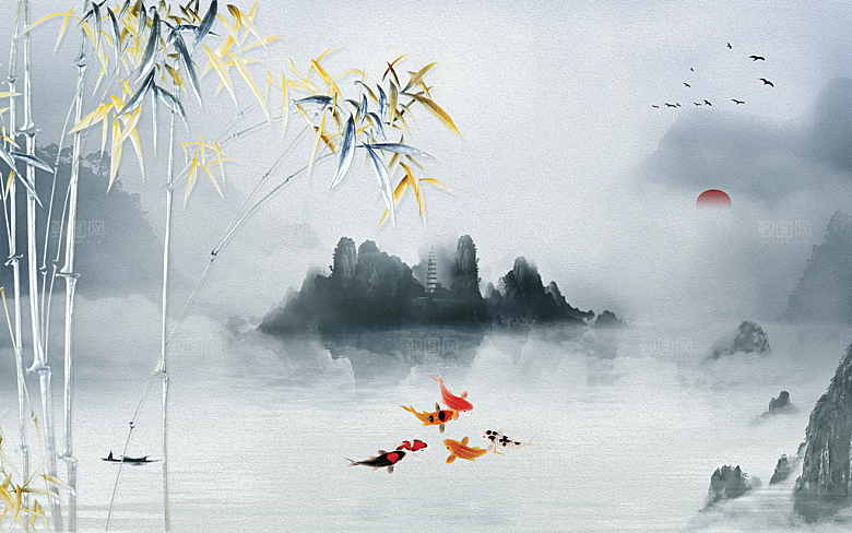 中式山水水墨风景复古背景