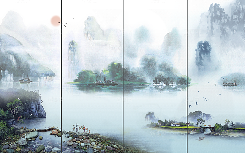 中式山水水墨风景复古背景