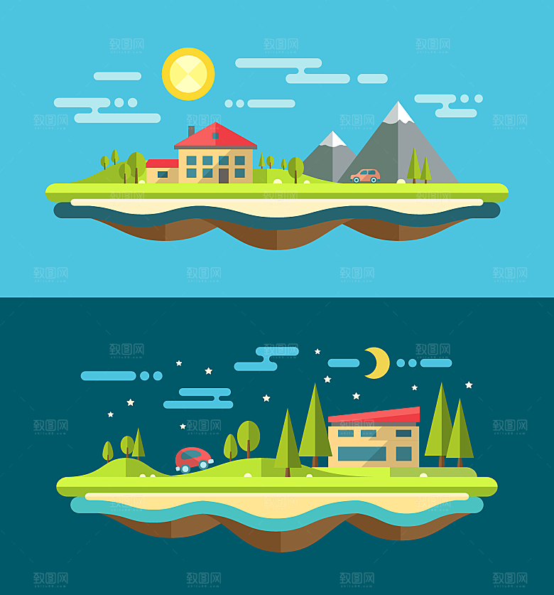 山水户外建筑插画海报