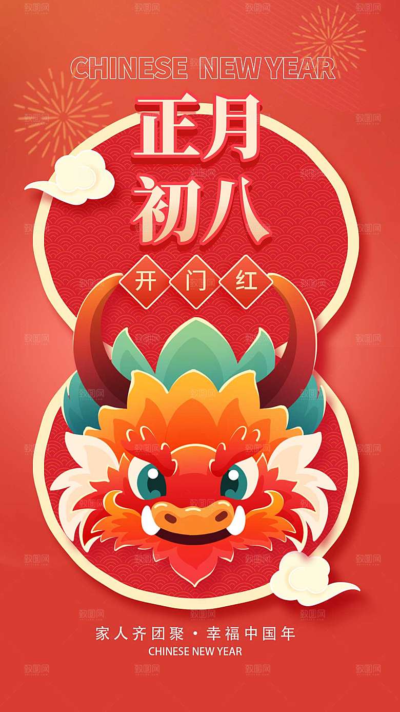 新年年俗正月初八套图八创意全屏海报