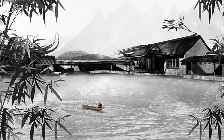 中式山水水墨简约大气海报