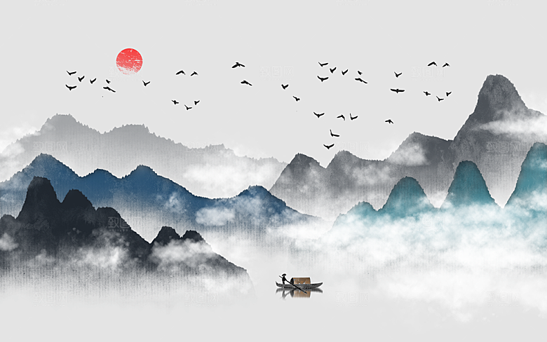 中式山水水墨简约大气海报