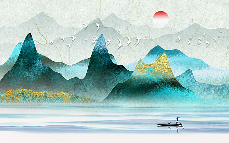 中式复古山水风景花鸟背景