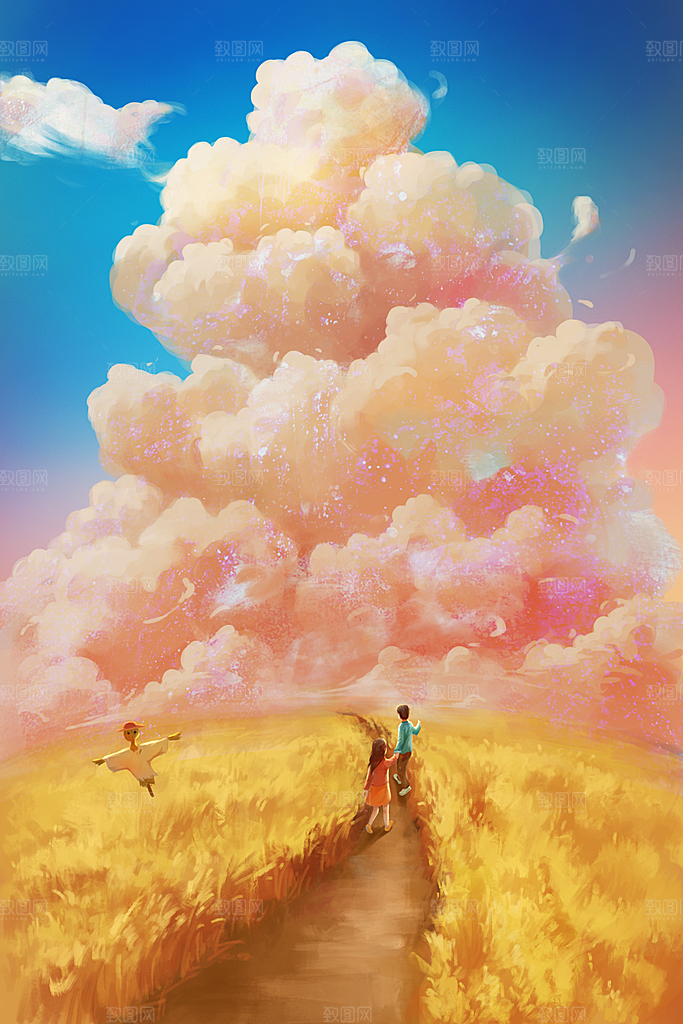 卡通唯美手绘风景插画海报