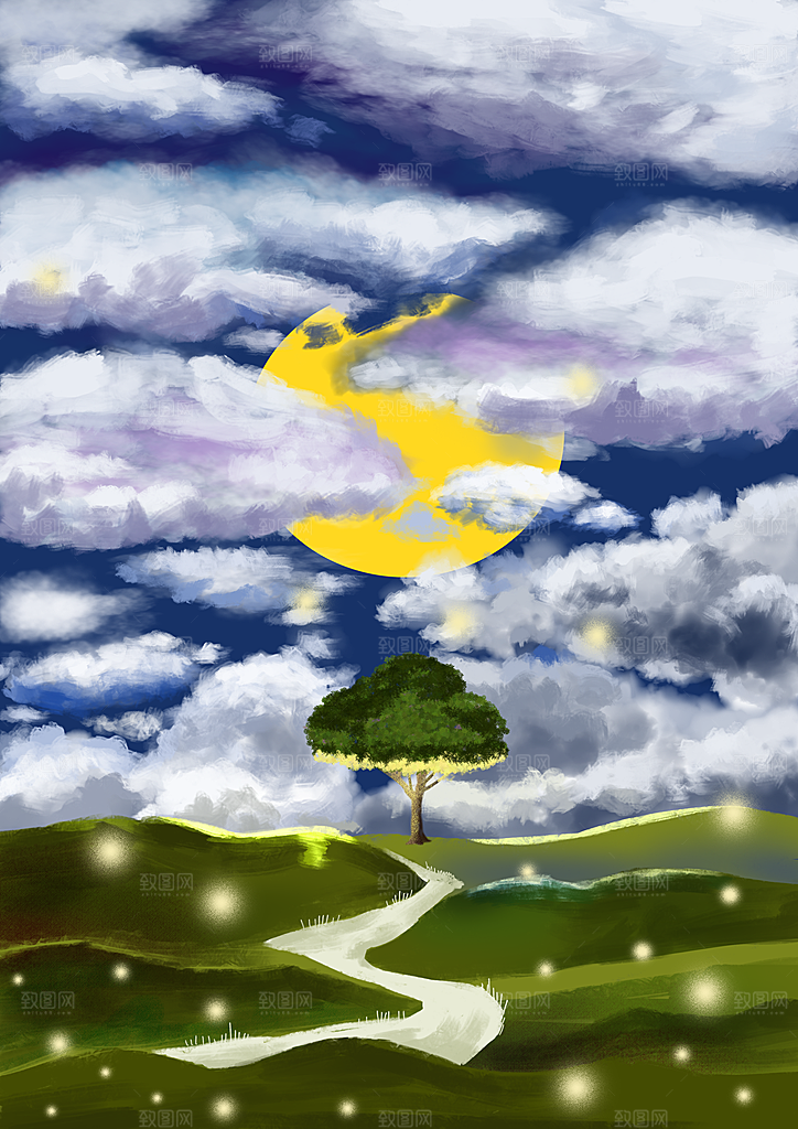 卡通唯美手绘风景插画海报