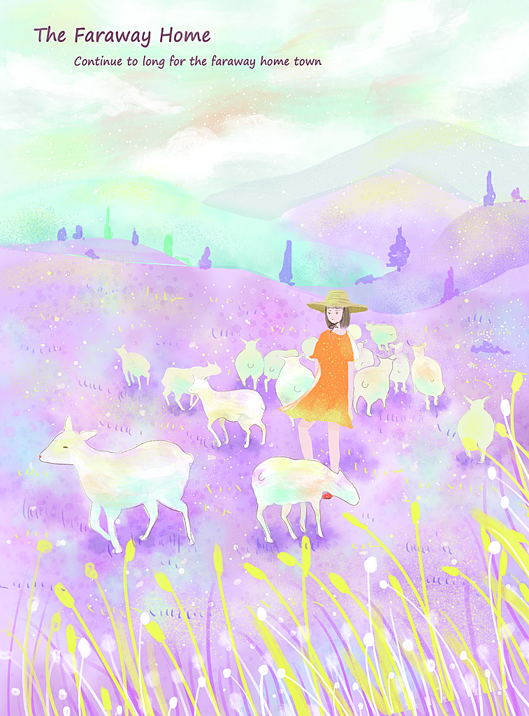 卡通唯美手绘风景插画海报