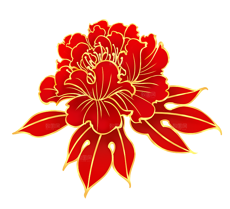 中式金边立体花卉牡丹元素
