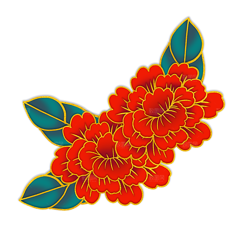 中式金边立体花卉牡丹元素