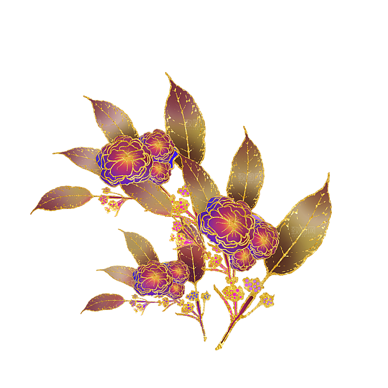 中式金边立体花卉牡丹元素