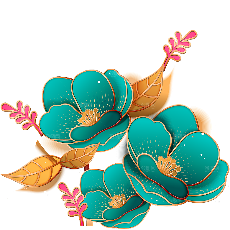 中式金边立体花卉牡丹元素