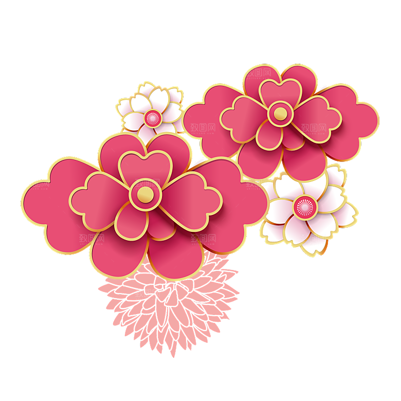 中式金边立体花卉牡丹元素