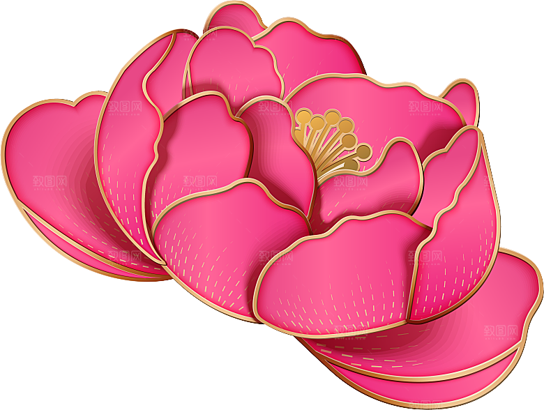 中式金边立体花卉牡丹元素