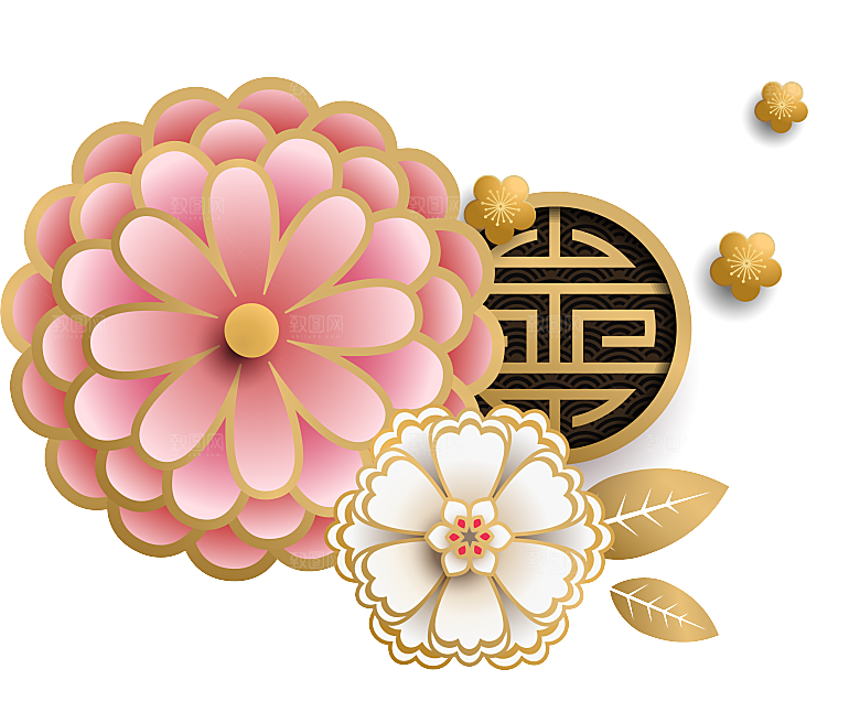 中式金边立体花卉牡丹元素