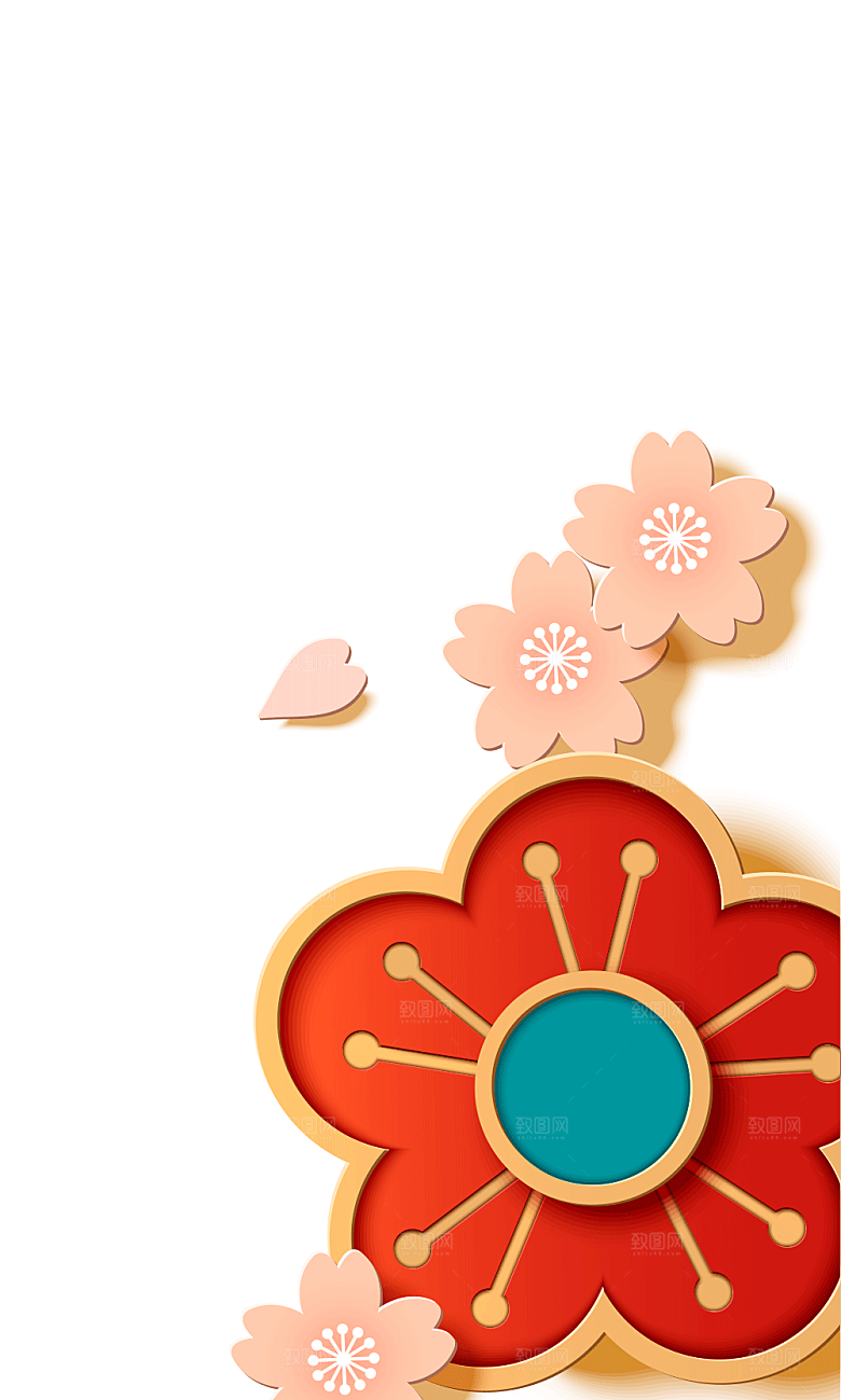 中式金边立体花卉牡丹元素