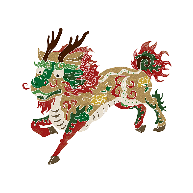 简约大气国潮风神兽插画元素模版