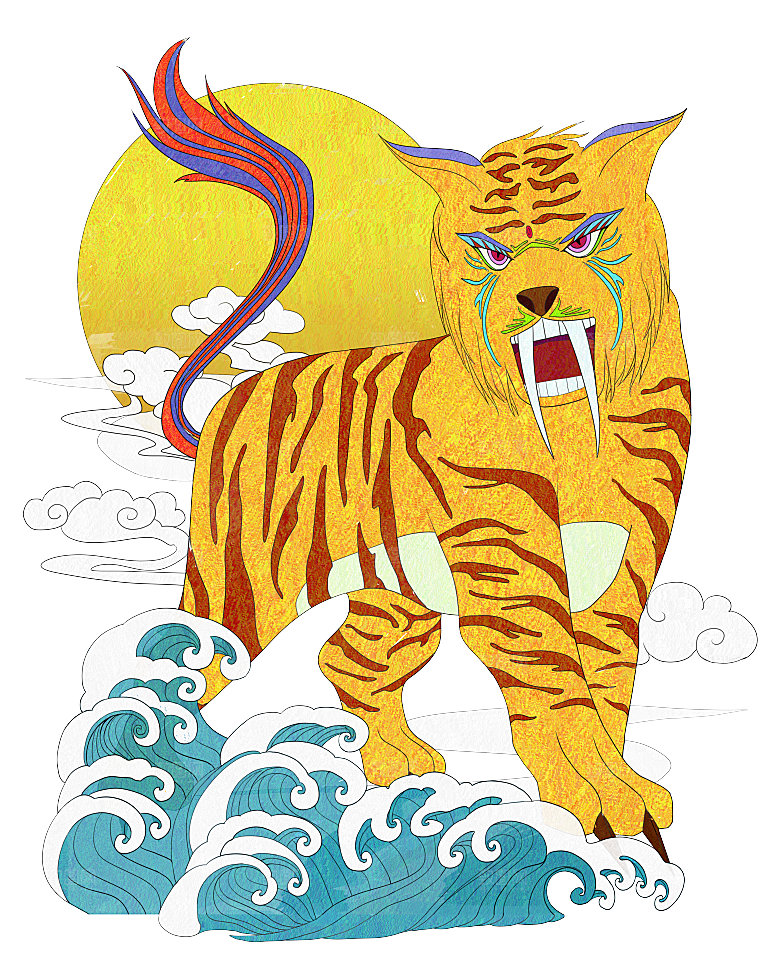 简约大气国潮风神兽插画元素模版