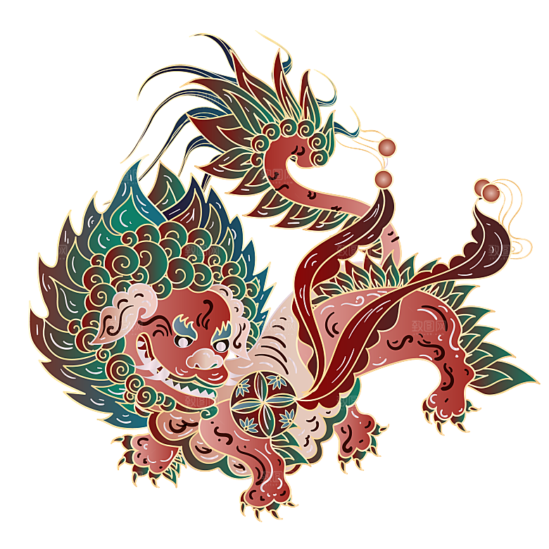 简约大气国潮风神兽插画元素模版