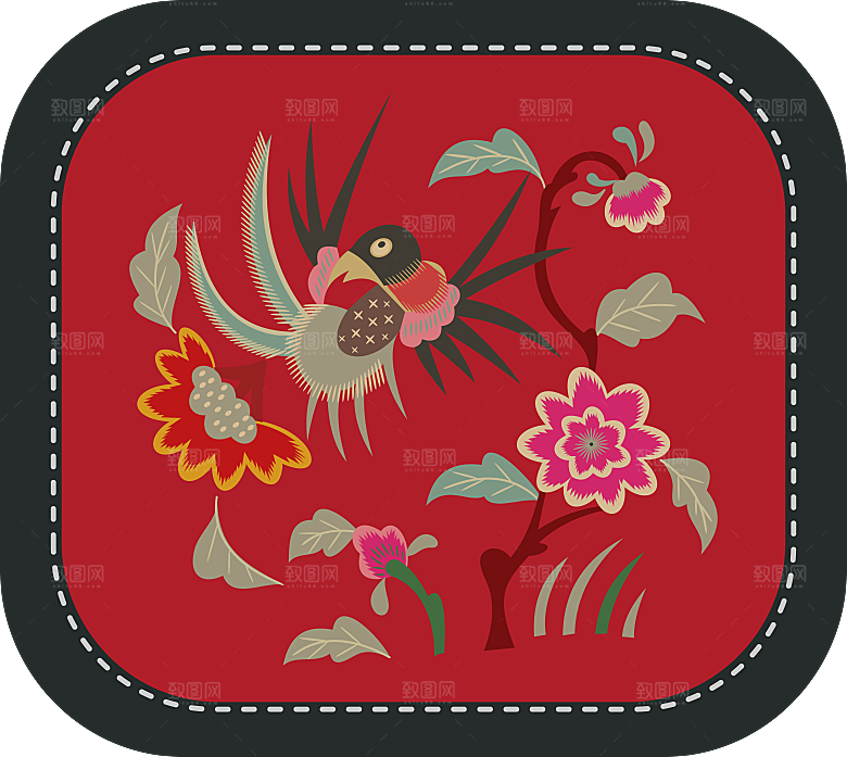 中国风中式传统刺绣图案花鸟模版