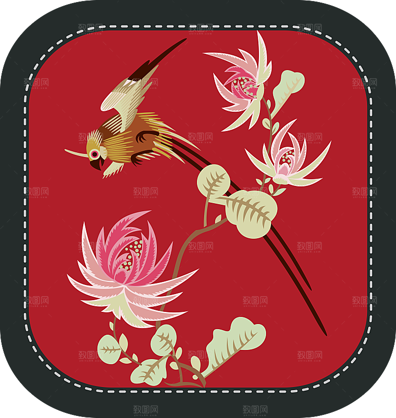 中国风中式传统刺绣图案花鸟模版