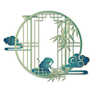 中国风中式古典窗花剪纸雕花山水祥云扇子