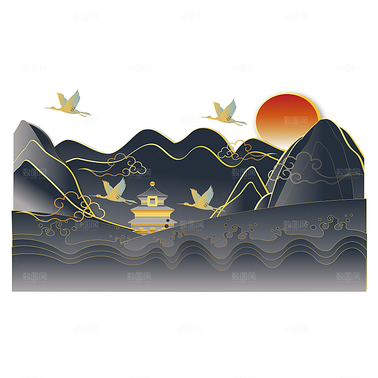 中国风中式古典窗花剪纸雕花山水祥云扇子
