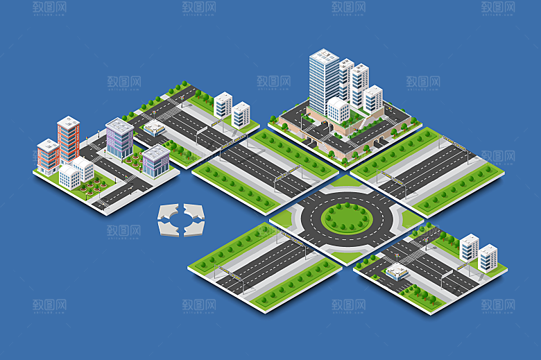 立体建筑城市房屋街道平面2.5D插画设计