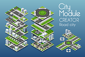 立体建筑城市房屋街道平面2.5D插画设计
