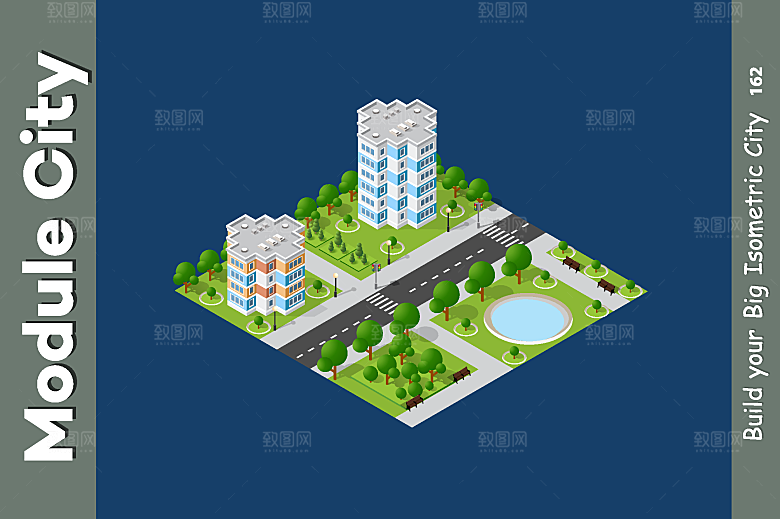 立体建筑城市房屋街道平面2.5D插画设计