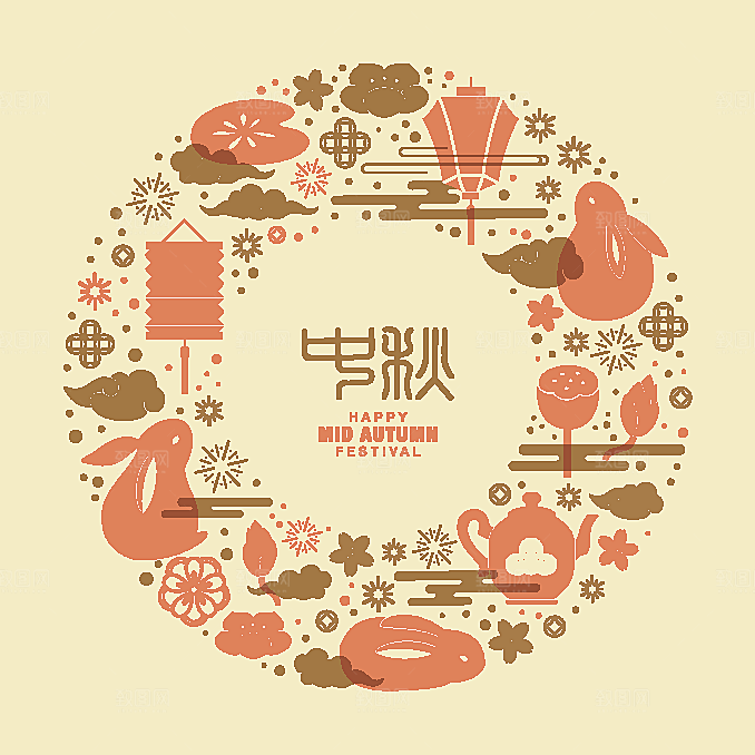 中秋节插画字体海报灯笼玉兔月饼盒包装图案
