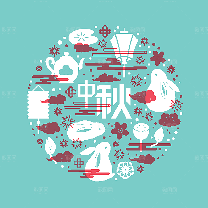 中秋节插画字体海报灯笼玉兔月饼盒包装图案