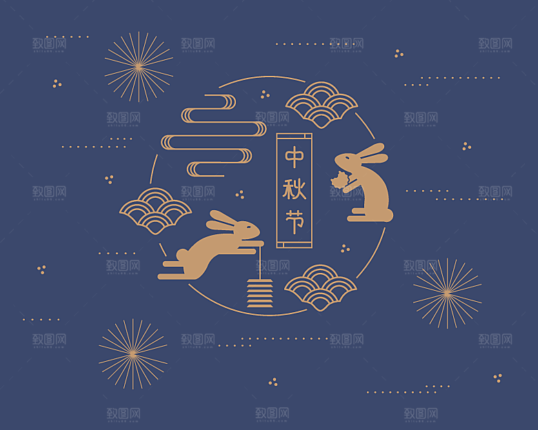 中秋节插画字体海报灯笼玉兔月饼盒包装图案