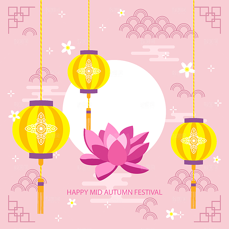 中秋节插画字体海报灯笼玉兔月饼盒包装图案