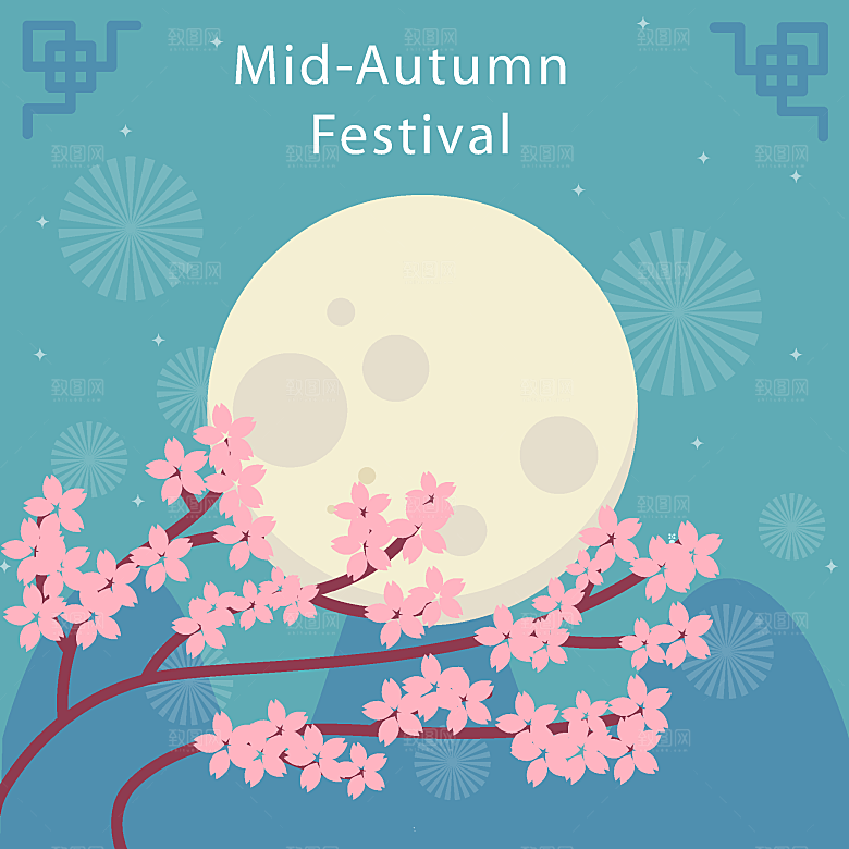 中秋节插画字体海报灯笼玉兔月饼盒包装图案