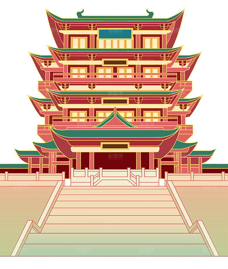 国潮风古建筑古楼古塔鼓楼复古中国风插画