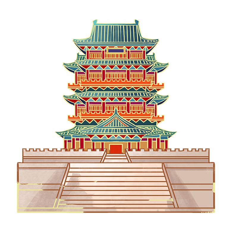 国潮风古建筑古楼古塔鼓楼复古中国风插画